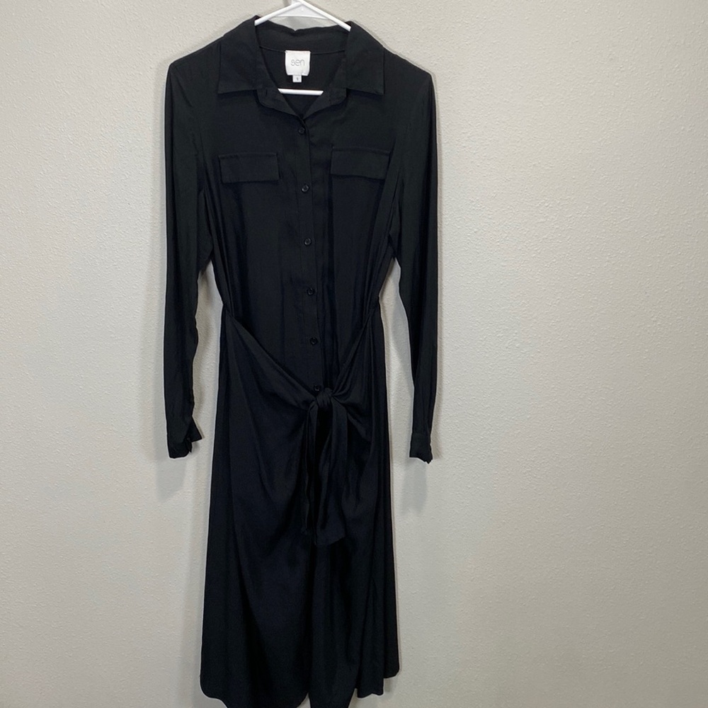 Sen button‎ front dress waist tie black